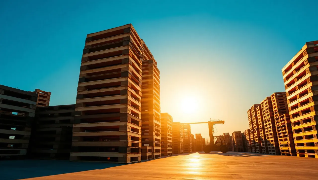 Tall stacks of wooden pallets in J&J's outdoor pallet yard at golden hour