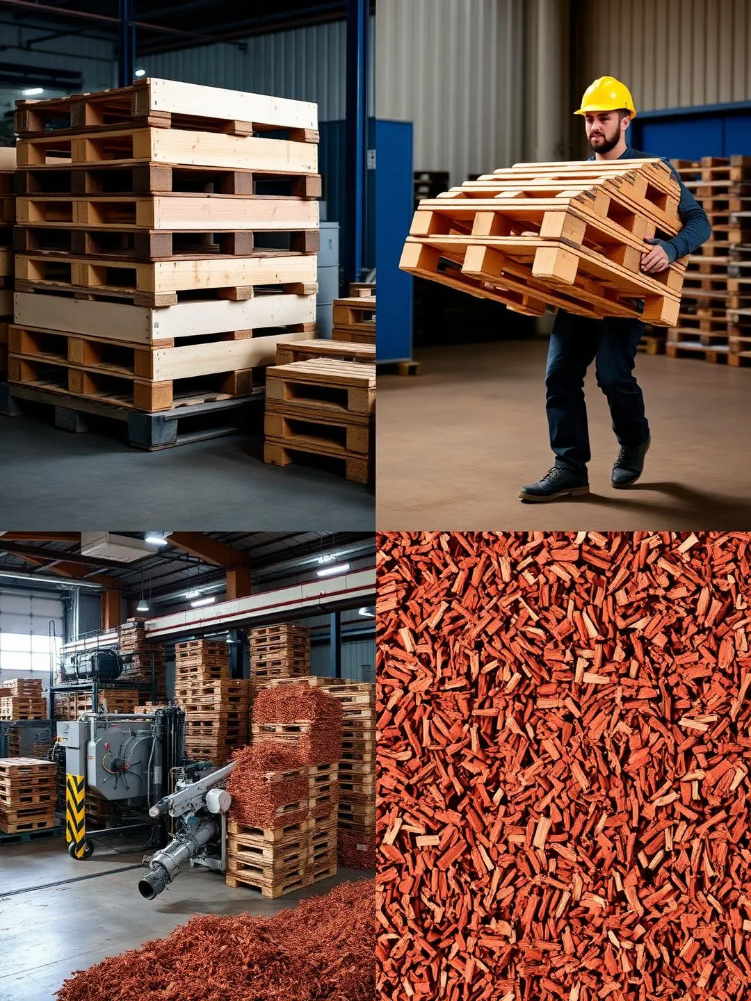 Four photos: new pallets stacked, a worker carrying a used wooden pallet, recycling machinery, and red mulch