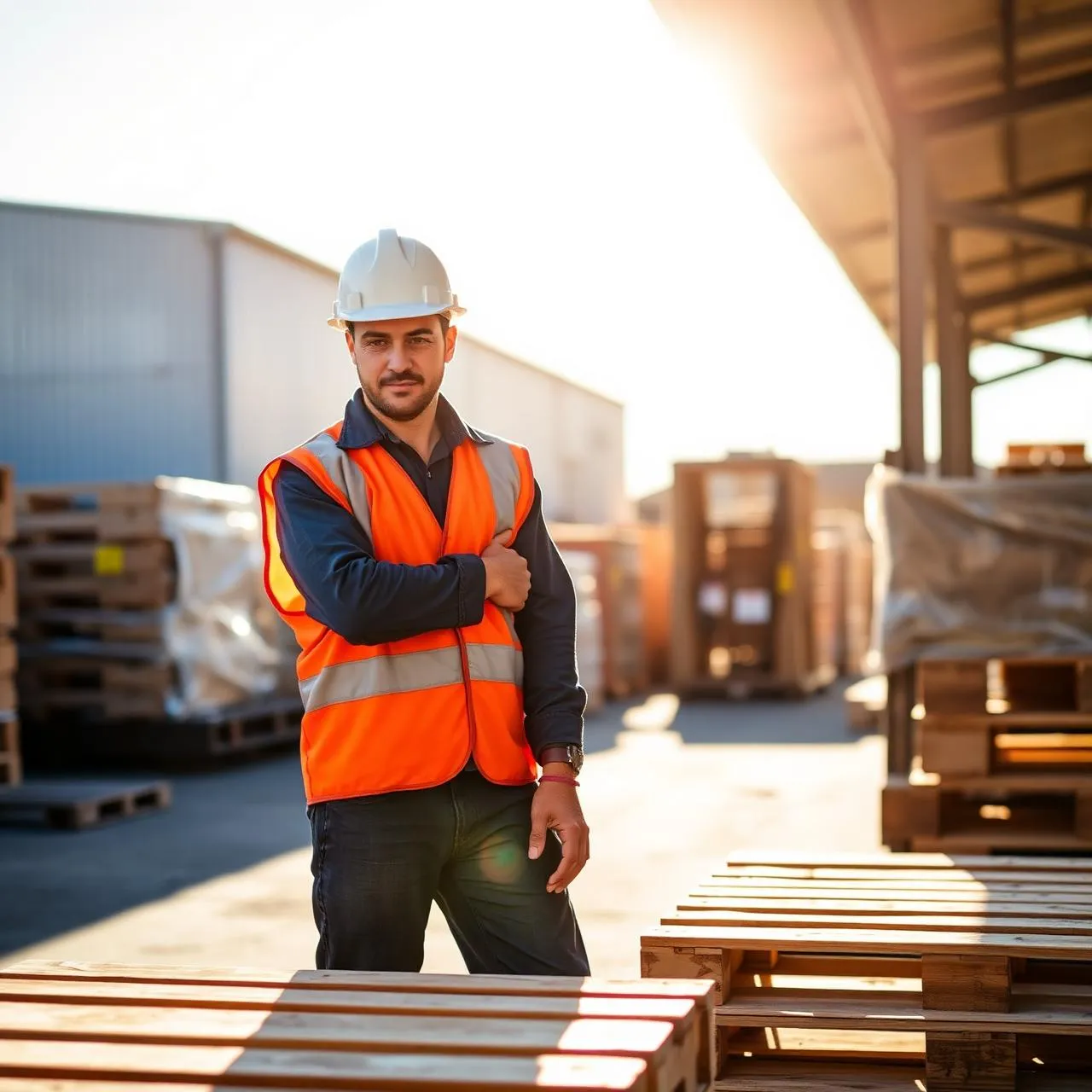 J&J yard worker in safety vest inspecting wooden pallets in afternoon sun